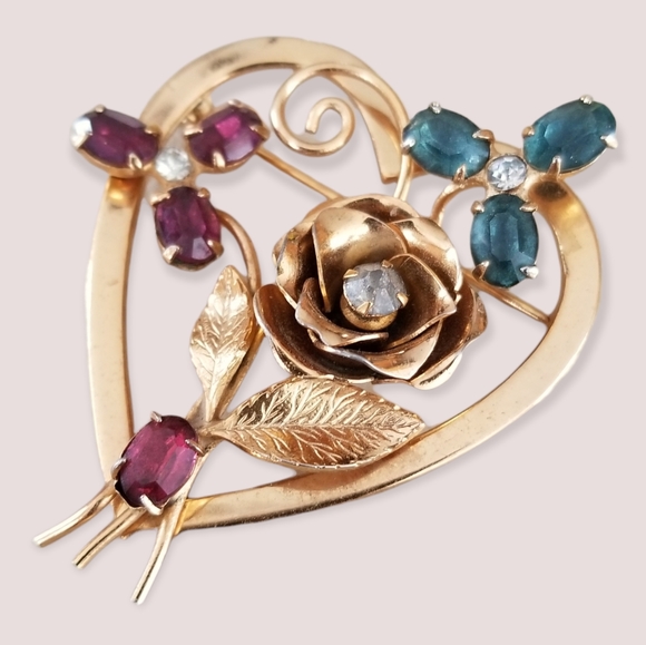 Vintage Signed Coro Gold Tone Heart Brooch Ruby Sapphire Rhinestone - Picture 16 of 16